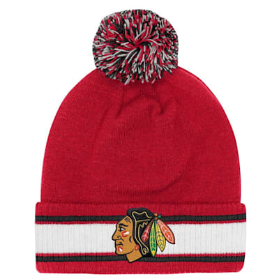  (Outerstuff Cuffed Stripe Pom Knit Hat - Chicago Blackhawks - Youth)
