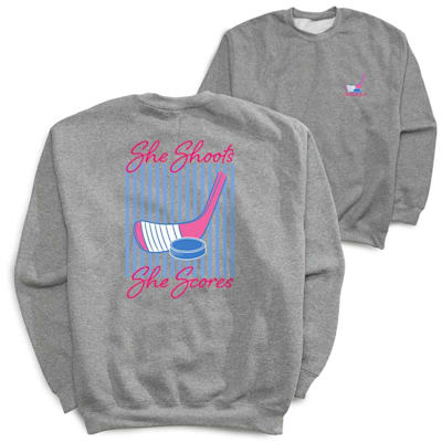  (Chalk Talk Sports She Shoots She Scores Hockey Crewneck Sweatshirt - Youth)