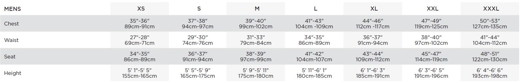 Bauer Men's Apparel Sizing Chart