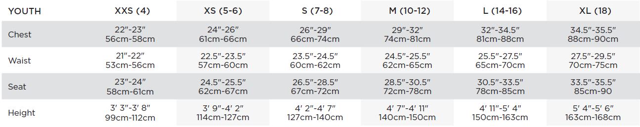 Bauer Youth Apparel Sizing Chart