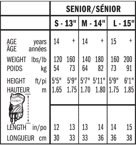 Bauer Senior Glove Sizing, Bauer Senior Glove Size Chart