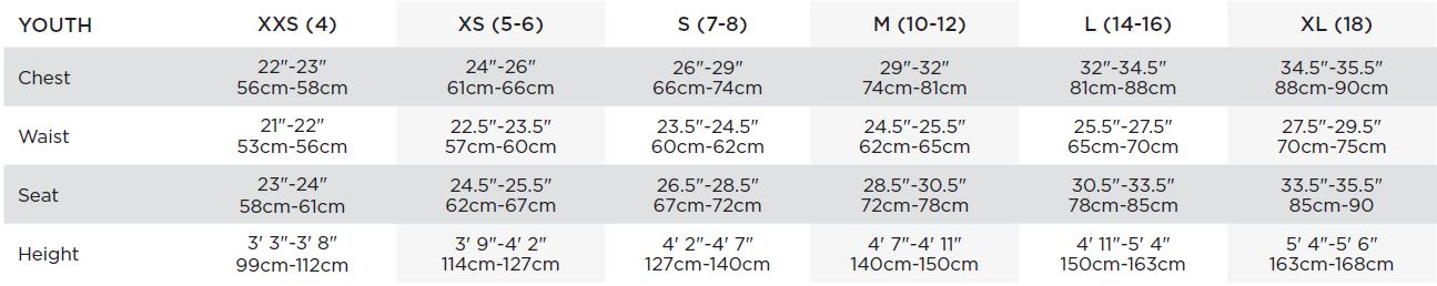 Bauer Youth Apparel Size Chart