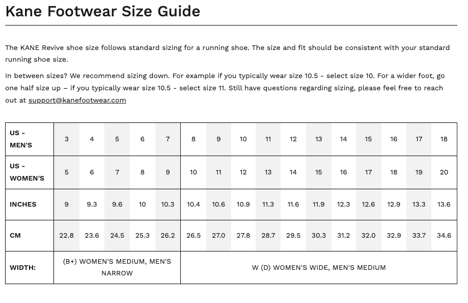 Kane Footware Sizing Chart
