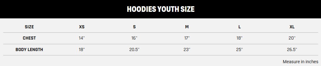 Battlegear Youth Apparel Size Chart