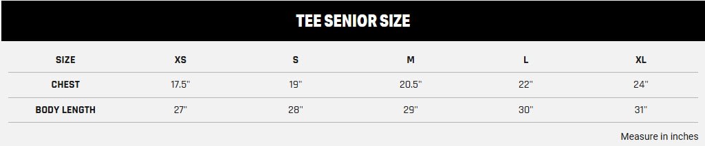 Battlegear Adult Tee Shirt Sizing Chart