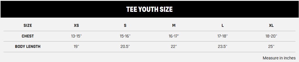 Battlegear Youth Tee Size Chart